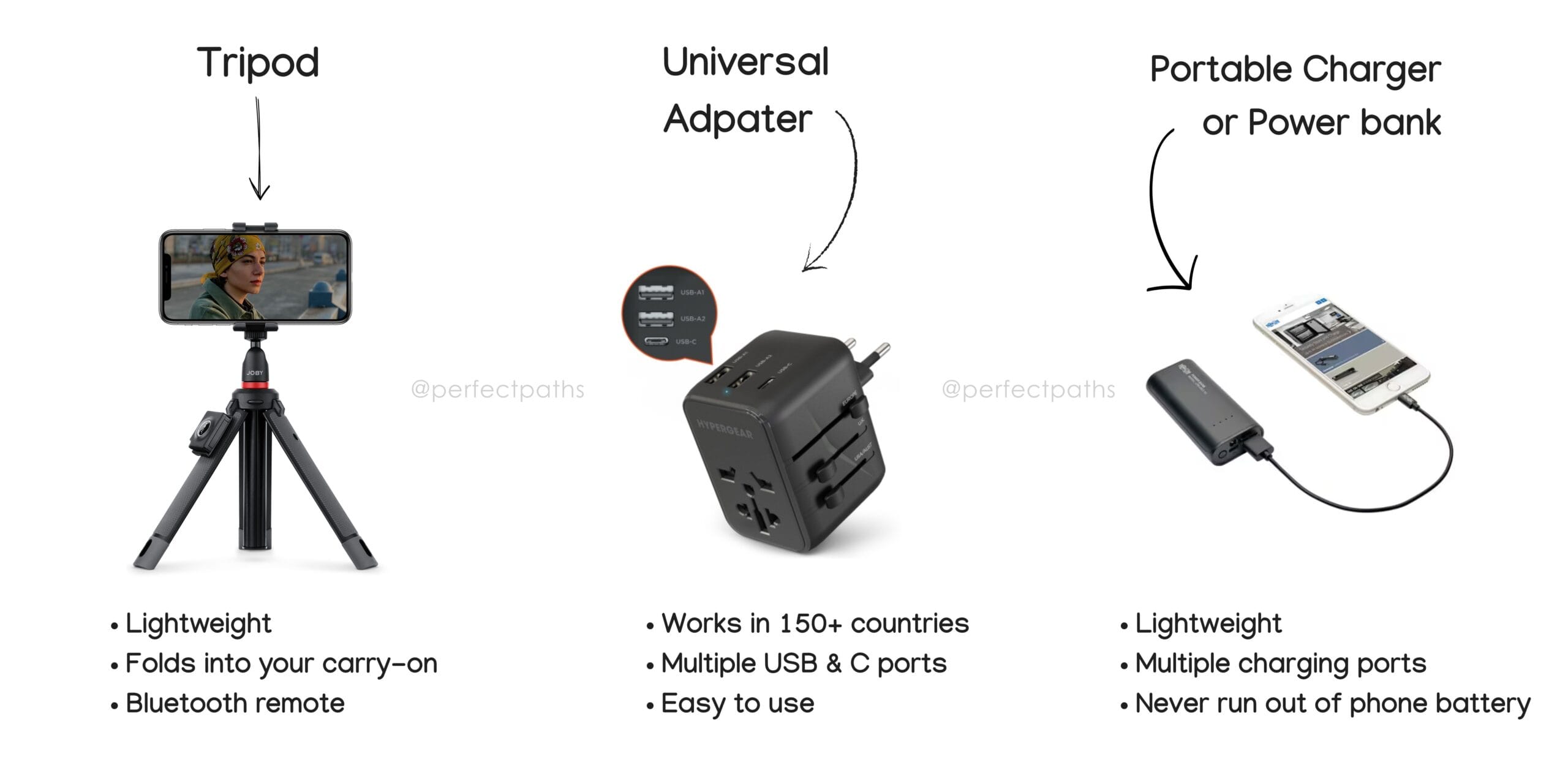 4 of 6 Must-Have Travel Essentials: Compact Tripod, Universal Adapter & Power Bank for Smart Packing